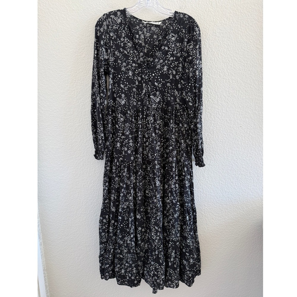 Zara Black Floral Polka Dot Tiered Maxi Dress Long Sleeve Smocked Cuffs Small